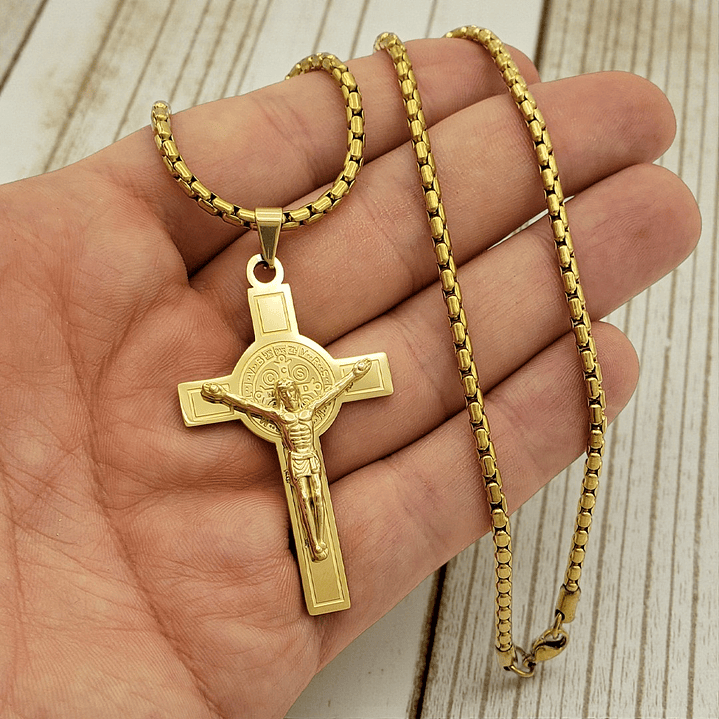 Collar Cadena Cruz Cristo San Benito de Abad Protección Acero  3