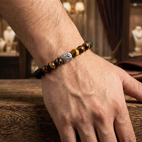 Pulsera con Buda Piedra Volcanica y Ojo de Tigre