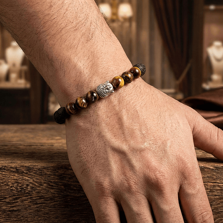 Pulsera con Buda Piedra Volcanica y Ojo de Tigre 2