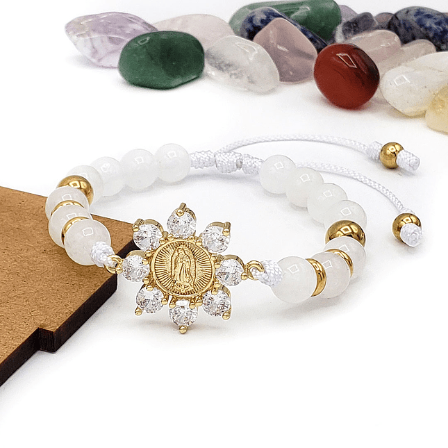 Pulsera Virgen de Guadalupe Piedra Cuarzo Blanco Acero 3
