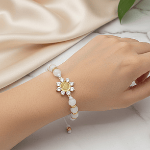Pulsera Virgen de Guadalupe Piedra Cuarzo Blanco Acero