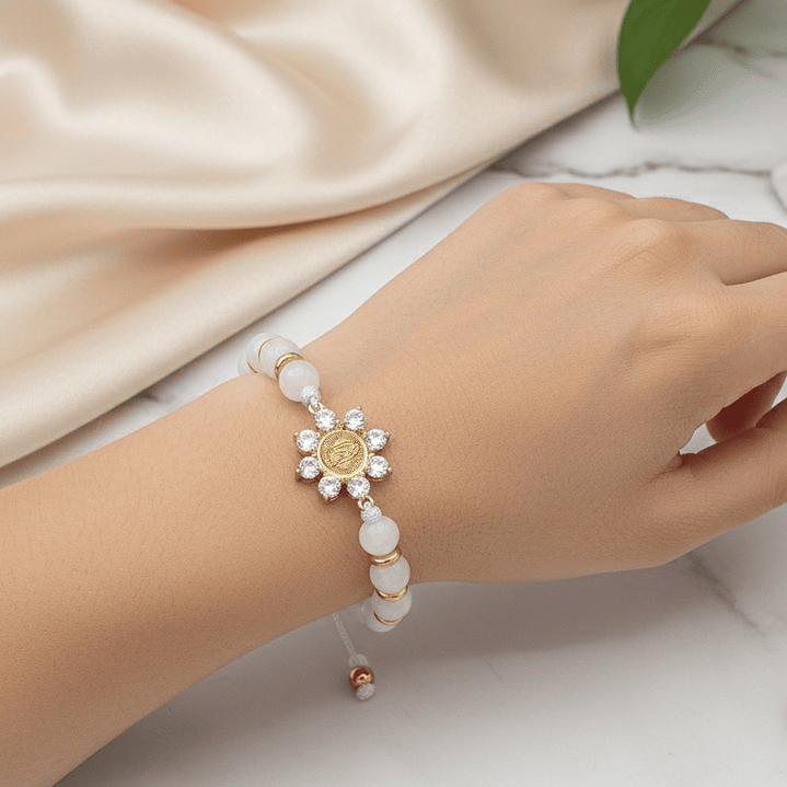 Pulsera Virgen de Guadalupe Piedra Cuarzo Blanco Acero 2