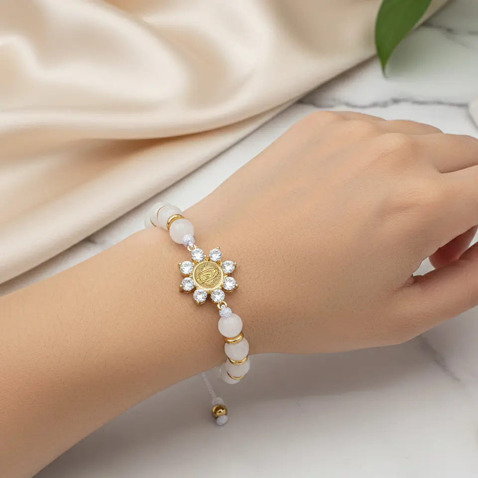 Pulsera Virgen de Guadalupe Piedra Cuarzo Blanco Acero 2
