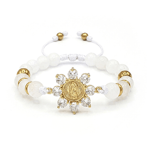 Pulsera Virgen de Guadalupe Piedra Cuarzo Blanco Acero