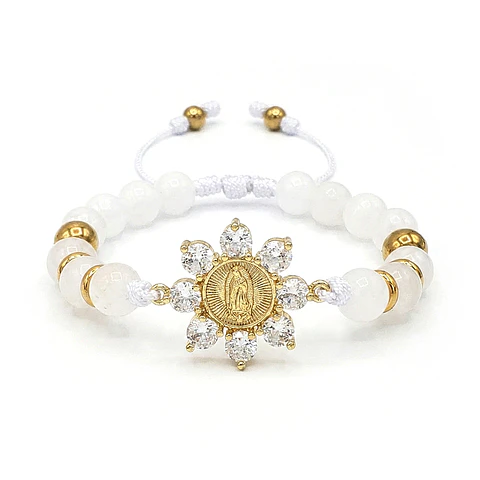 Pulsera Virgen de Guadalupe Piedra Cuarzo Blanco Acero