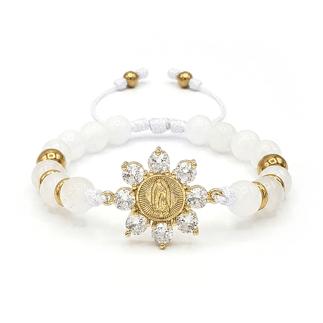Pulsera Virgen de Guadalupe Piedra Cuarzo Blanco Acero 1