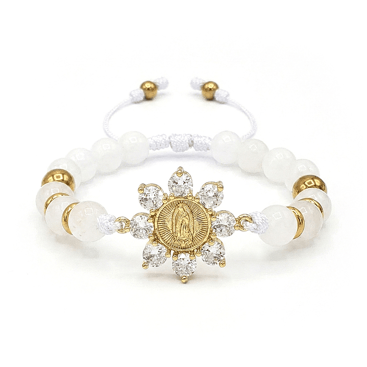 Pulsera Virgen de Guadalupe Piedra Cuarzo Blanco Acero 1