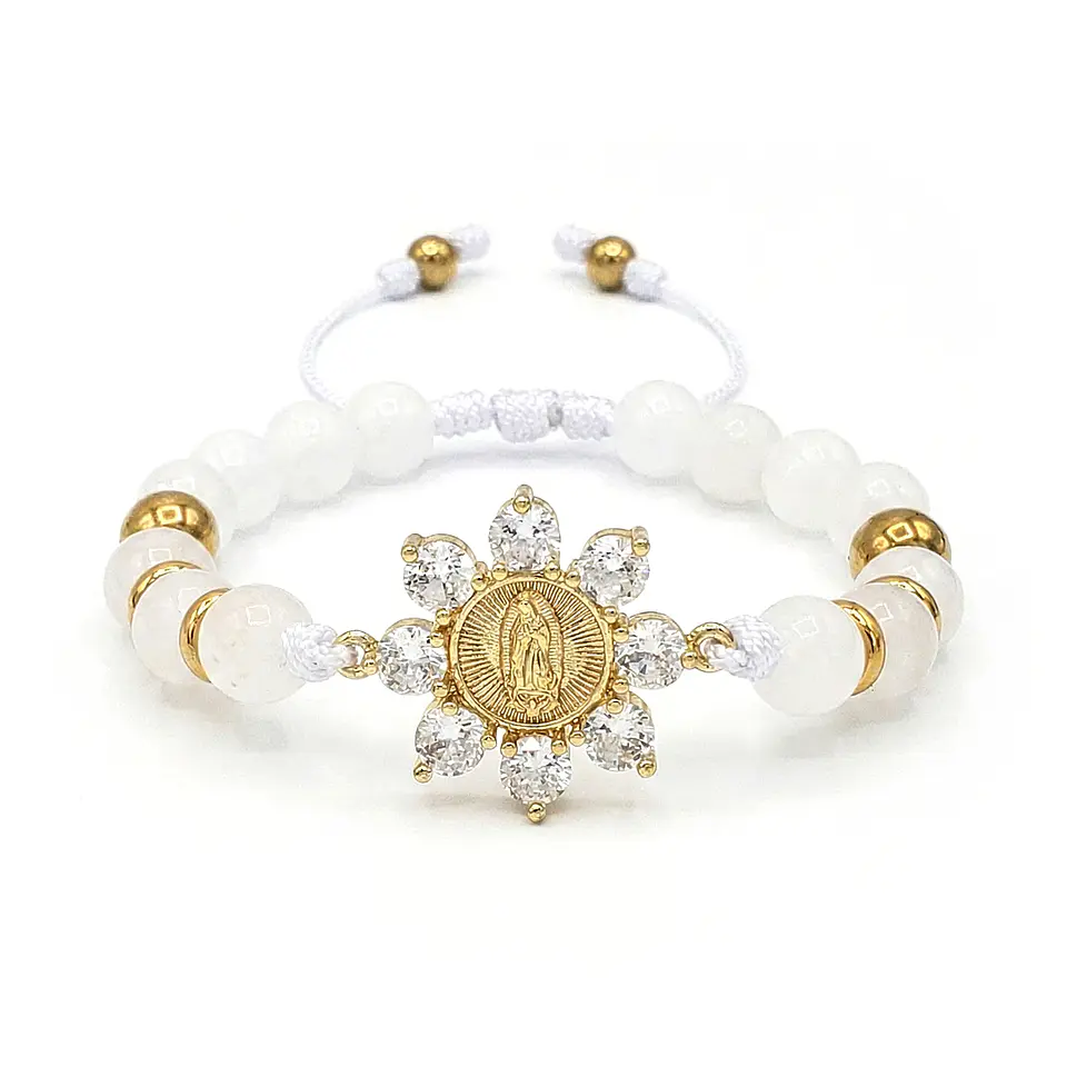 Pulsera Virgen de Guadalupe Piedra Cuarzo Blanco Acero 1
