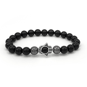 Pulsera Mano de Fátima Hamsa Piedra Ónix y Hematita