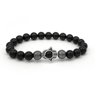 Pulsera Mano de Fátima Hamsa Piedra Ónix y Hematita