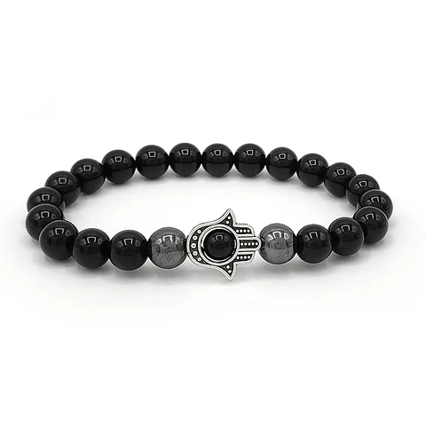 Pulsera Mano de Fátima Hamsa Piedra Ónix y Hematita
