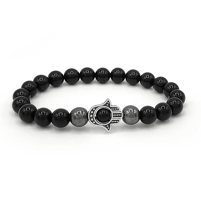 Pulsera Mano de Fátima Hamsa Piedra Ónix y Hematita 1