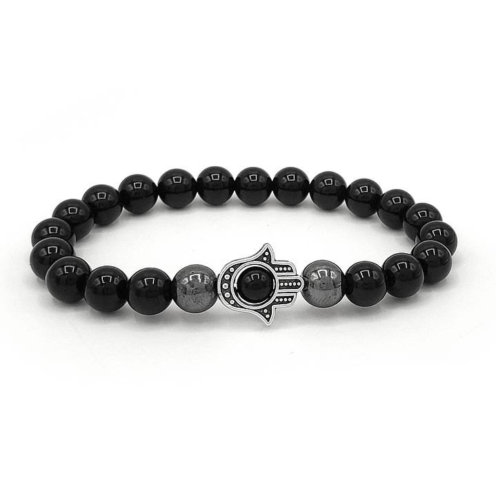 Pulsera Mano de Fátima Hamsa Piedra Ónix y Hematita 1