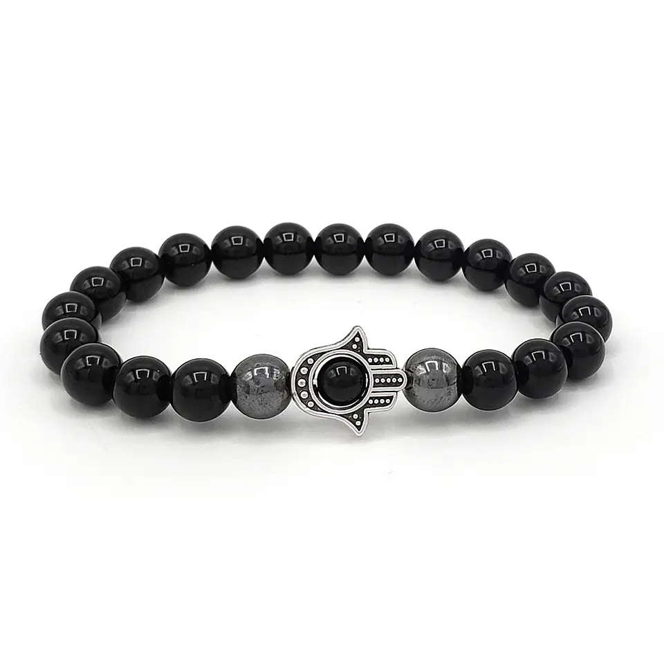 Pulsera Mano de Fátima Hamsa Piedra Ónix y Hematita 1