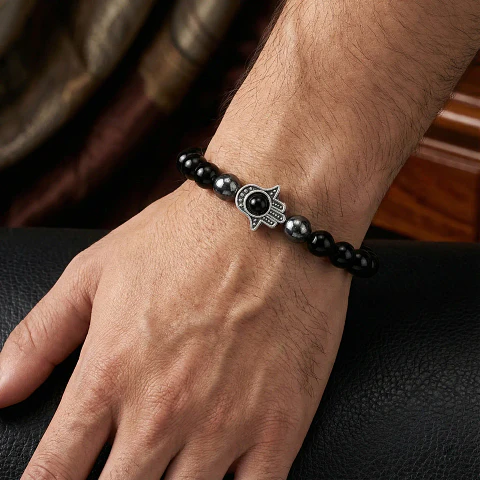 Pulsera Mano de Fátima Hamsa Piedra Ónix y Hematita
