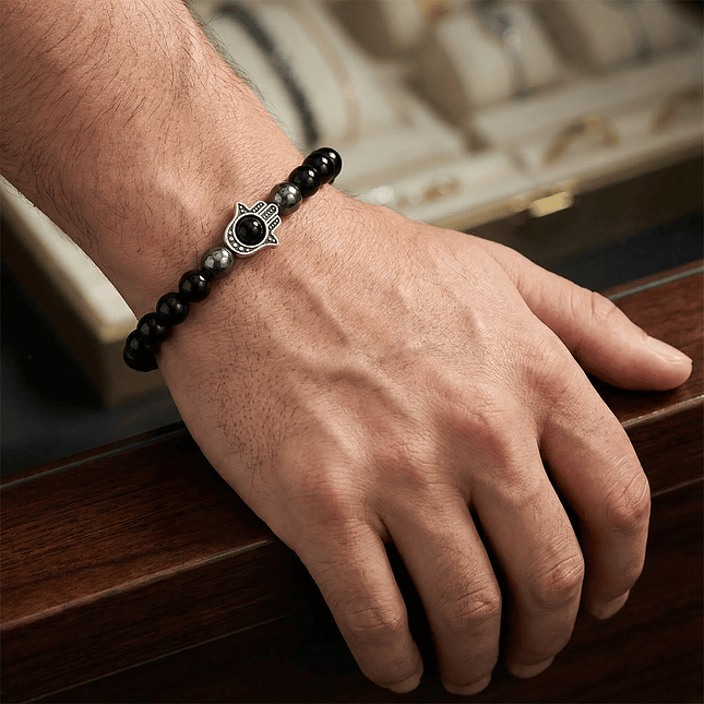 Pulsera Mano de Fátima Hamsa Piedra Ónix y Hematita 3