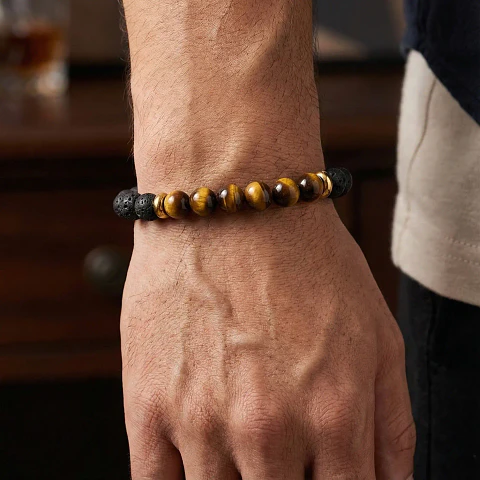 Pulsera con Piedra Volcánica Ojo de Tigre y Acero