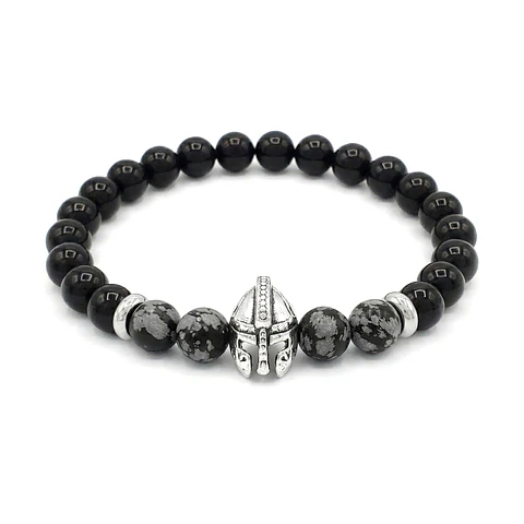 Pulsera Hombre Casco Espartano Piedra Ónix y Obsidiana