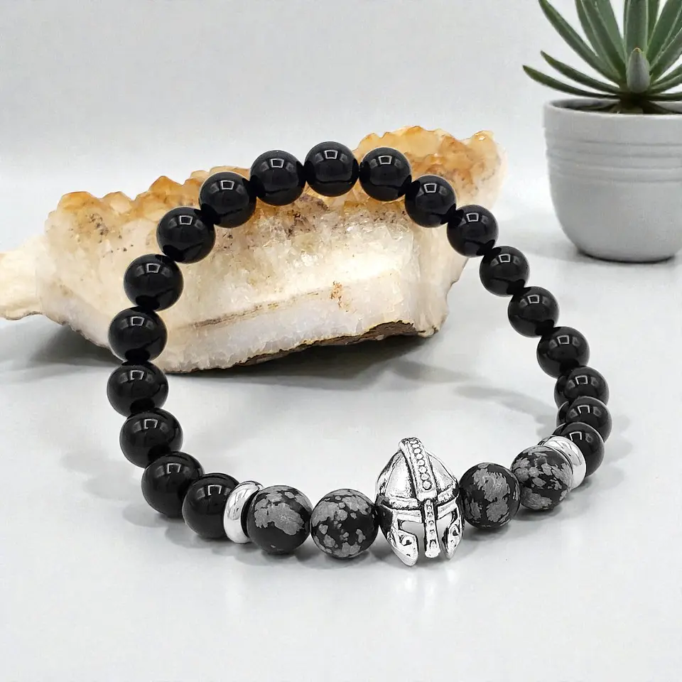 Pulsera Hombre Casco Espartano Piedra Ónix y Obsidiana 3