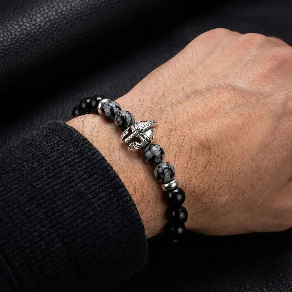 Pulsera Hombre Casco Espartano Piedra Ónix y Obsidiana 2