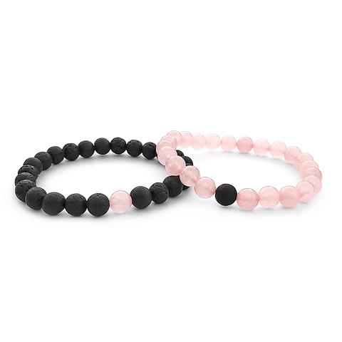 Pulseras para Parejas Piedras Cuarzo Rosado y Volcánica (8mm)
