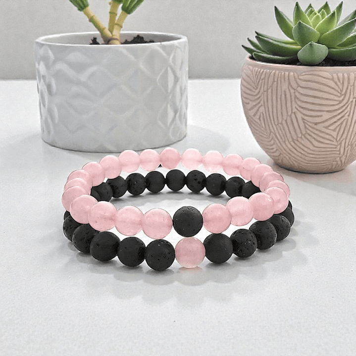 Pulseras para Parejas Piedras Cuarzo Rosado y Volcánica (8mm) 3