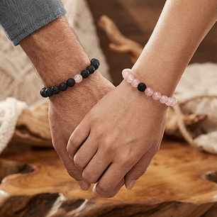 Pulseras para Parejas Piedras Cuarzo Rosado y Volcánica (8mm)