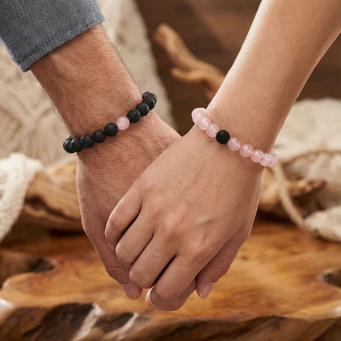 Pulseras para Parejas Piedras Cuarzo Rosado y Volcánica (8mm)