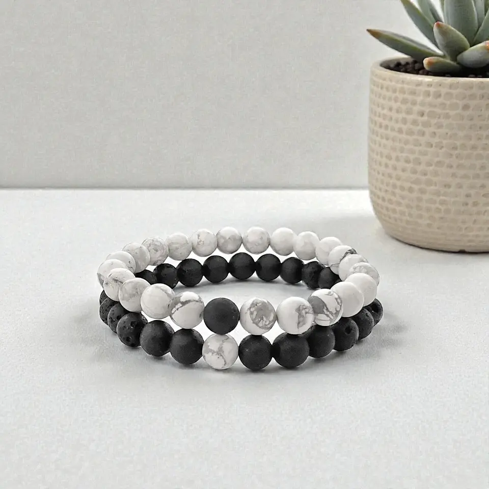 Pulseras para Parejas Piedras Howlita y Volcánica (8mm) 3
