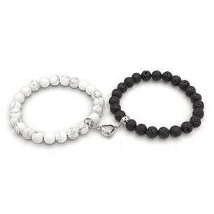 Pulseras para Parejas Corazón Imantado Piedra Howlita y Volcánica
