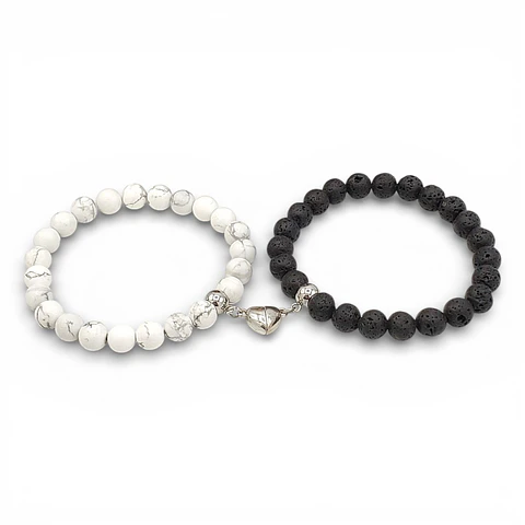Pulseras para Parejas Corazón Imantado Piedra Howlita y Volcánica
