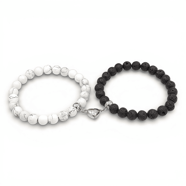 Pulseras para Parejas Corazón Imantado Piedra Howlita y Volcánica 1