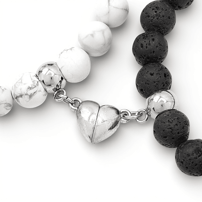 Pulseras para Parejas Corazón Imantado Piedra Howlita y Volcánica 4