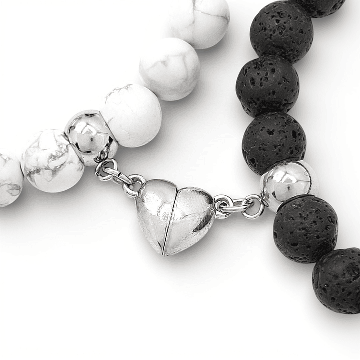 Pulseras para Parejas Corazón Imantado Piedra Howlita y Volcánica 4