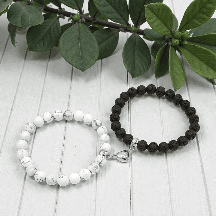 Pulseras para Parejas Corazón Imantado Piedra Howlita y Volcánica 3