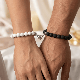 Pulseras para Parejas Corazón Imantado Piedra Howlita y Volcánica