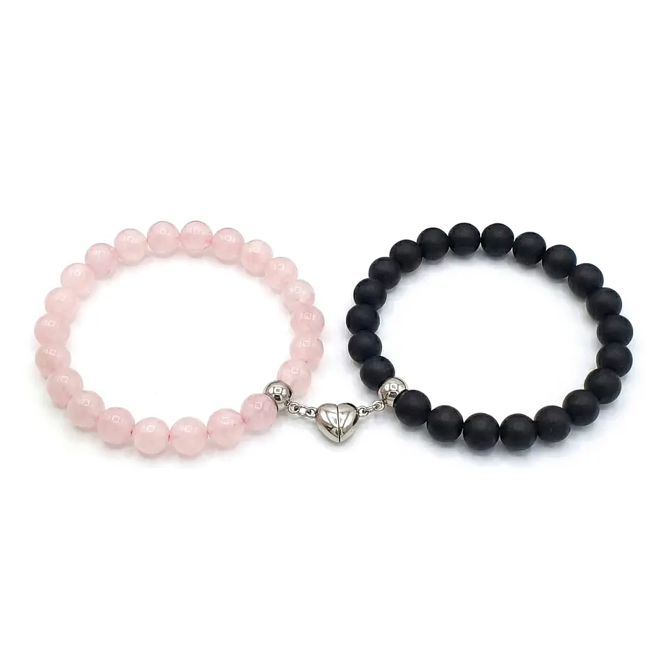 Pulseras para Parejas Piedras Ónix Mate Cuarzo Rosado Corazón Imantado 1
