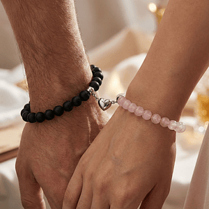 Pulseras para Parejas Piedras Ónix Mate Cuarzo Rosado Corazón Imantado