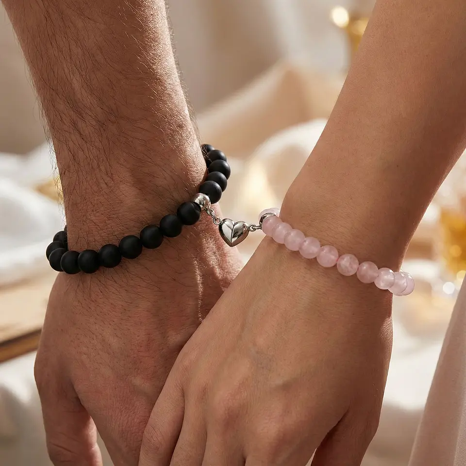 Pulseras para Parejas Piedras Ónix Mate Cuarzo Rosado Corazón Imantado 2