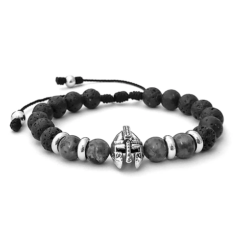 Pulsera Hombre Casco Espartano Piedra Volcánica y Espectrolita