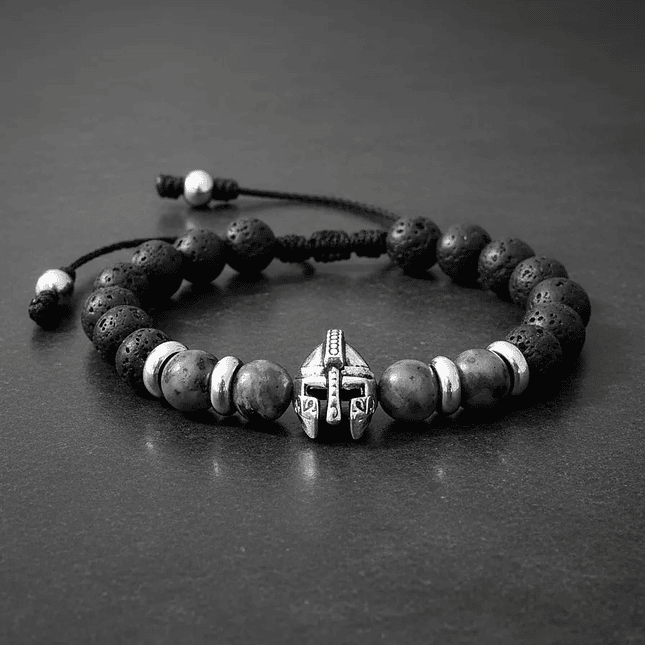 Pulsera Hombre Casco Espartano Piedra Volcánica y Espectrolita 8