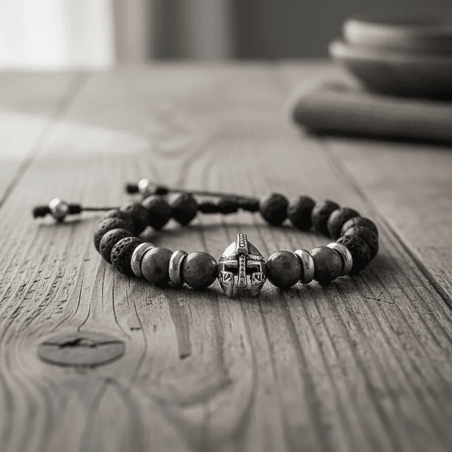 Pulsera Hombre Casco Espartano Piedra Volcánica y Espectrolita 4