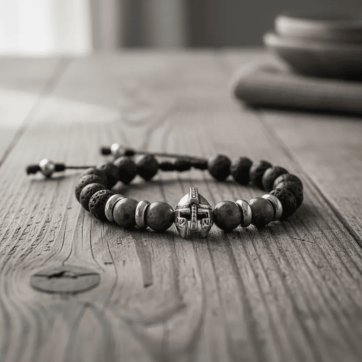 Pulsera Hombre Casco Espartano Piedra Volcánica y Espectrolita 4