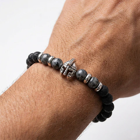 Pulsera Hombre Casco Espartano Piedra Volcánica y Espectrolita