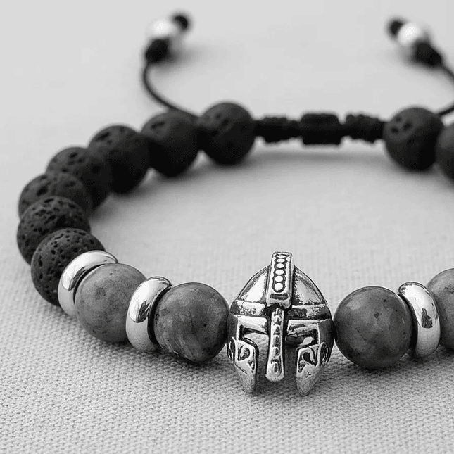 Pulsera Hombre Casco Espartano Piedra Volcánica y Espectrolita 3