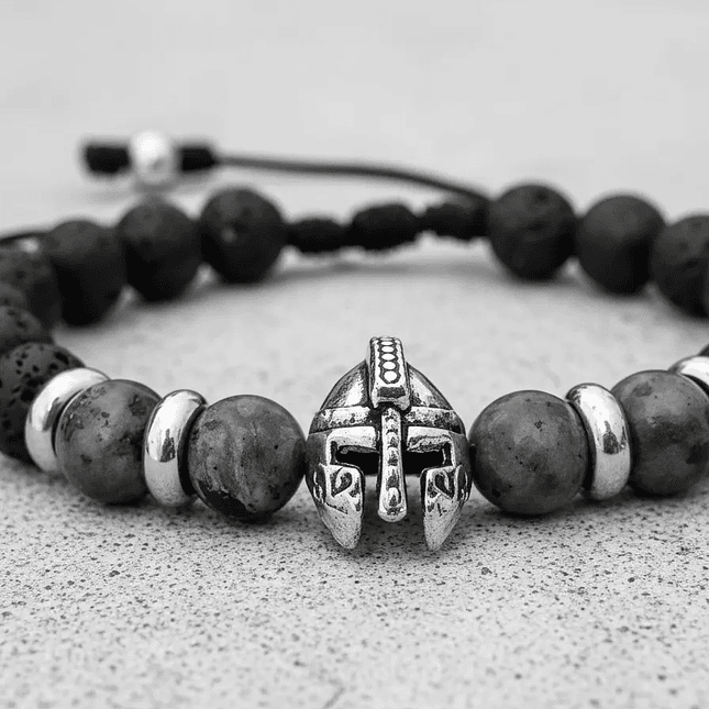 Pulsera Hombre Casco Espartano Piedra Volcánica y Espectrolita 5