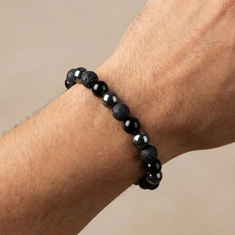 Pulsera Triple Protección Turmalina Negra Volcánica Hematita
