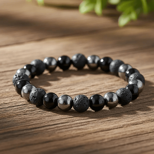 Pulsera Triple Protección Turmalina Negra Volcánica Hematita 3