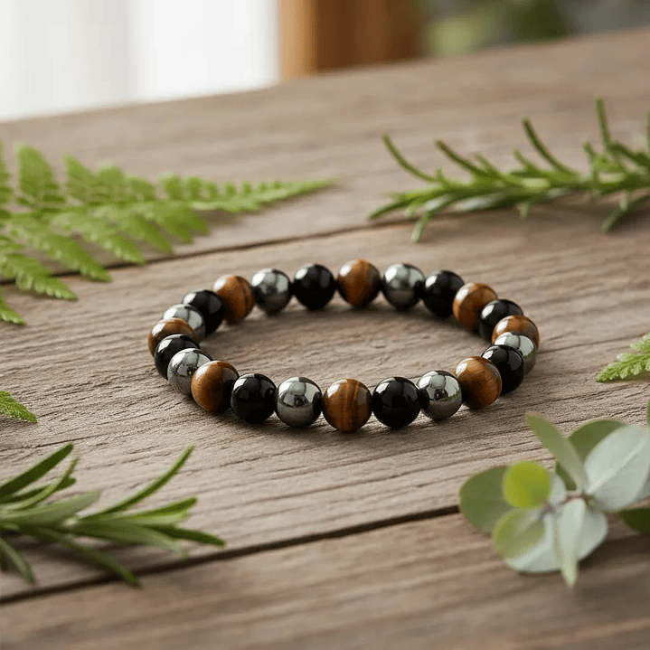 Pulsera Triple Protección Ojo de Tigre Obsidiana Hematita 5