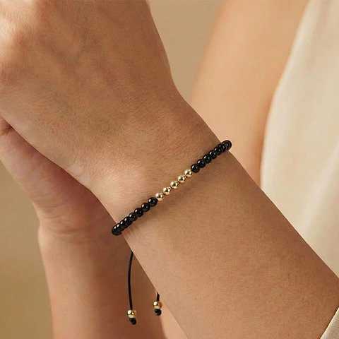 Pulsera Piedra Turmalina Negra Oro Laminado 18k (4mm)